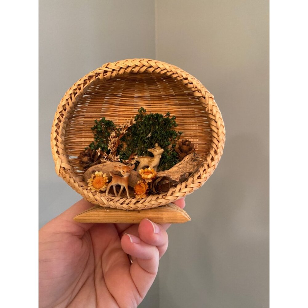 Vintage German Woven Basket Diorama With Deer Figurines Pinecones & Dried Flower